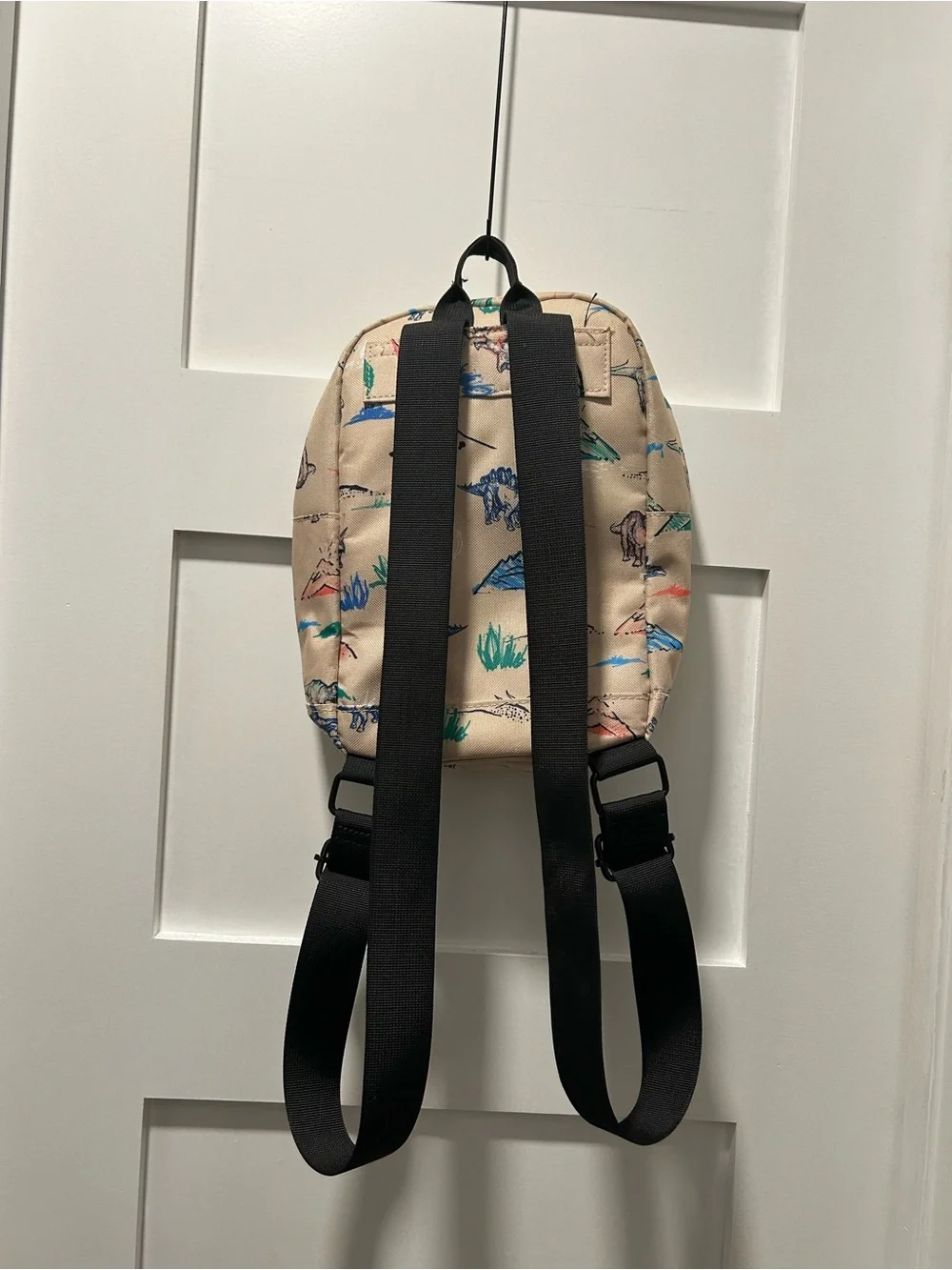 Beige Dinosaur-Print Mini Backpack with Black Straps